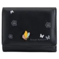 Black short women's wallet with metal butterfly decor and chic floral print design. - Black
