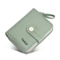 Women short green wallet PU leather card holder compact zipper coin purse with wrist strap - Green