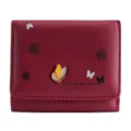 Women short PU leather wallet with butterfly metal badge and floral print design card holder - Red