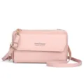 Pink crossbody phone bag with double zippers and stylish design for women daily wear. - Pink