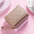 Women short wallet cute heart embroidery PU leather trifold compact coin purse with wrist strap. - Short Heart Embroidery Style / Apricot