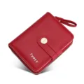 Red short wallet for women with zipper coin pocket, card slots and cute leaf snap button. - Burgundy