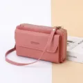 Pink double zipper crossbody phone bag, stylish women long wallet with shoulder strap. - Rubber Red