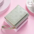 Light green trifold wallet with cute heart embroidery and wrist strap, compact design. - Short Heart Embroidery Style / Green