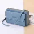 Blue long dual zipper crossbody phone bag, PU leather wallet purse with shoulder strap sku. - Blue