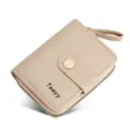 Women's short PU leather wallet beige zip coin purse with wrist strap and card slots - Khaki