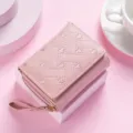Pink short wallet for women with cute heart embroidery quilted design and compact zipper purse. - Short Heart Embroidery Style / Pink