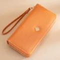 Orange crocodile pattern long women wallet double zipper clutch bag large capacity wrist strap - Earthy Yellow