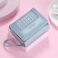 Light blue women short wallet with grid texture wrist strap compact card holder coin purse - Blue