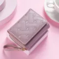 Purple short women wallet with embroidered heart pattern, cute compact card holder coin purse. - Short Heart Embroidery Style / Purple