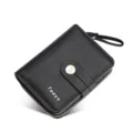 Women short wallet black pu leather zip around card holder coin purse with snap closure - Black