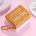 Yellow short women's wallet, PU leather tri-fold purse with checkered flap and wrist strap. - Yellow