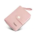 Pink short women wallet with zipper coin pocket, multi card slots and secure snap button. - Pink