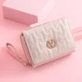 Pink quilted short women wallet with metal V logo, stylish zipper card coin purse for daily use. - White