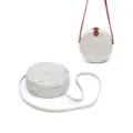 White round rattan straw crossbody bag, woven shoulder bag with leather strap for women. - Plain Minimalist Style (20x8cm) / White