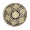 Handcrafted round straw woven wall hanging detail with unique black geometric pattern decor. - 70cm