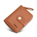 Brown women short wallet with zipper coin purse, card holder and snap button closure for daily use. - Camel