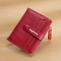 Red short women wallet with crocodile pattern, card slots and zipper pocket for daily use. - Red