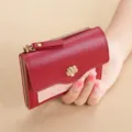 Red pink short pu leather wallet with card slots and zipper pocket variant design. - Red