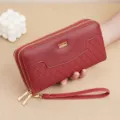 Red double zipper long wallet for women with wrist strap and geometric texture design. - Burgundy