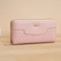 Pink women's long double-zipper wallet clutch PU leather embossed card holder purse - Pink