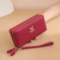 Red double zipper long wallet for women with wrist strap and metal V hardware design. - Red