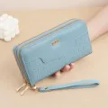 Dames lange dubbele rits portemonnee PU lederen clutch kaartenhouder met polsbandje - Blauw
