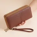 Donna Lungo Portafoglio Doppia Cerniera Pelle PU Motivo Litchi Borsa a Mano - Marrone