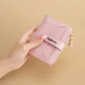 Pink short women wallet with crocodile texture, multi card slots and zipper pocket. - Pink