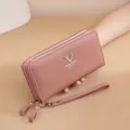 Pink double zipper long wallet for women, pu leather clutch purse with wrist strap. - Dark Red