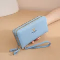 Blue double zipper long wallet for women, stylish clutch purse with wrist strap and card slots. - Blue