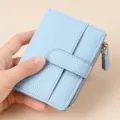 light blue women short wallet pu leather card holder zip coin pocket detail view - Litchi Texture Style (YN-73) / Blue