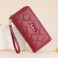 Wine red quilted long wallet for women with wrist strap and zipper closure, elegant daily clutch. - Red