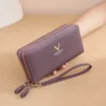 Purple Double Zipper Long Wallet PU Leather Clutch Purse for Women with Wrist Strap - Purple