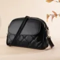 Women quilted crossbody bag stylish solid color shoulder bag with double zipper design - Black