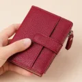 Red leather bifold wallet with zipper coin pocket, multiple card slots, stylish compact design. - Litchi Texture Style (YN-73) / Red