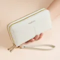 Women litchi pattern long wallet double zipper clutch wrist strap purse elegant style. - White