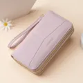 Light purple long wallet for women, dual zipper PU leather clutch with wrist strap. - Pink
