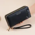 Women's long PU leather wallet with double zippers, cute cat design and wrist strap. - Black