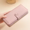 Pink long women wallet with zipper and snap button, stylish PU leather card holder clutch. - Pink
