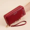 Women long PU leather wallet double zipper cute cat clutch purse with wrist strap red color. - Red