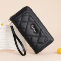 Black quilted long wallet for women with wrist strap chic clutch purse bag - Black