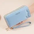 Light blue PU leather long wallet, double zipper clutch with cute cat hollow design. - Blue
