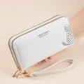 White double zipper long wallet for women with cute cat pattern and wrist strap PU leather. - White