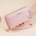 Pink long wallet for women double zipper PU leather clutch bag with cute cat strap design - Pink