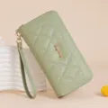 Light green quilted long wallet for women with wrist strap, PU leather zip clutch purse. - Green