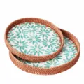 Round rattan serving tray with shell inlay, perfect for home decor, coffee table and fruit storage. - Round Pattern Tray / Two-Piece Set