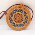 Retro round woven rattan crossbody bag with floral inner lining for women daily use. - Blue No. 1