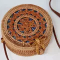 Handmade round rattan woven crossbody bag, vintage forest style straw shoulder bag for women. - Blue Style 3