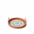 Round rattan serving tray with wood handles and colorful shell mosaic bottom, 24cm diameter. - Medium (Diameter 24cm)
